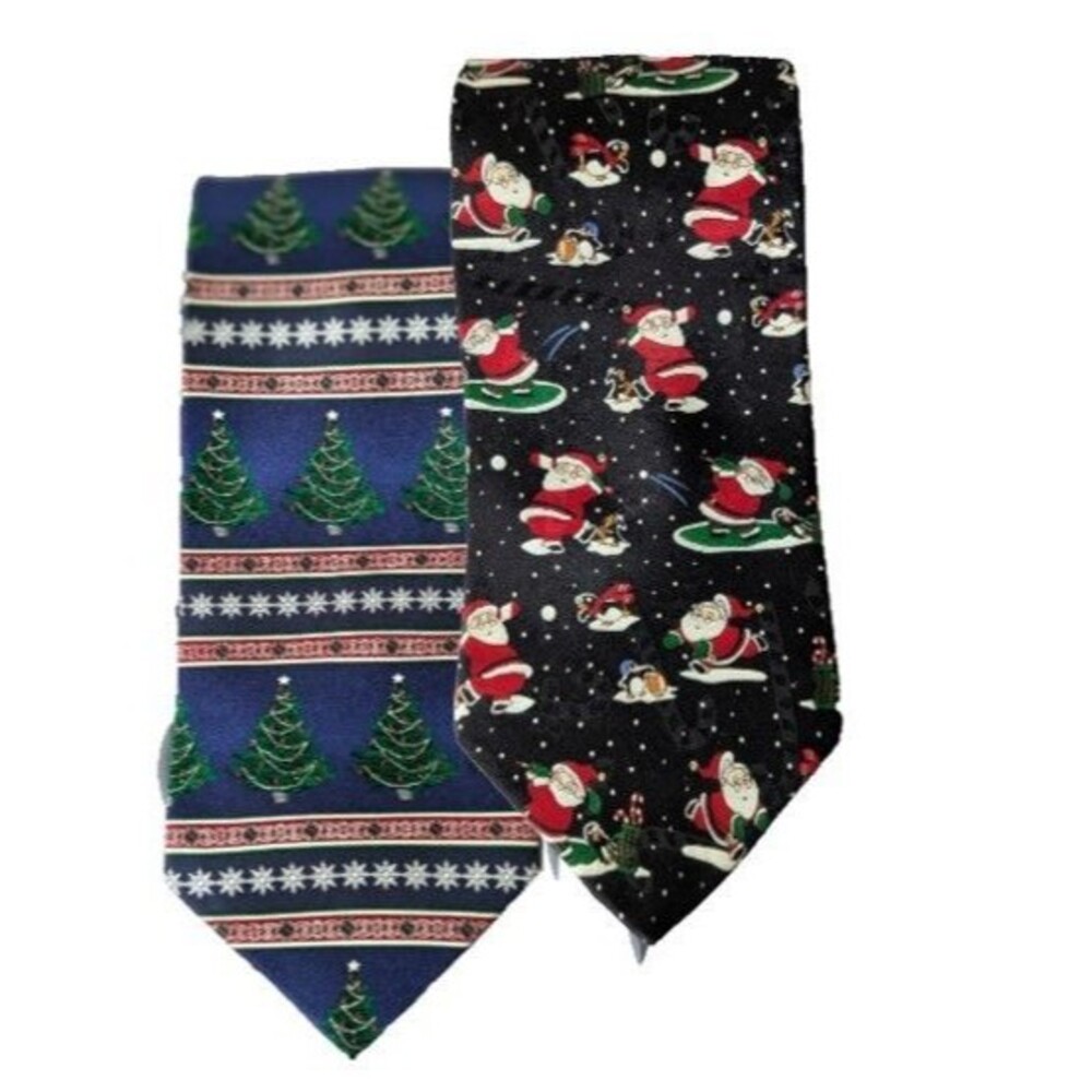 VTG Silk Necktie Novelty Sports Santa Penguin Christmas Tree Snowflake LOT OF 2